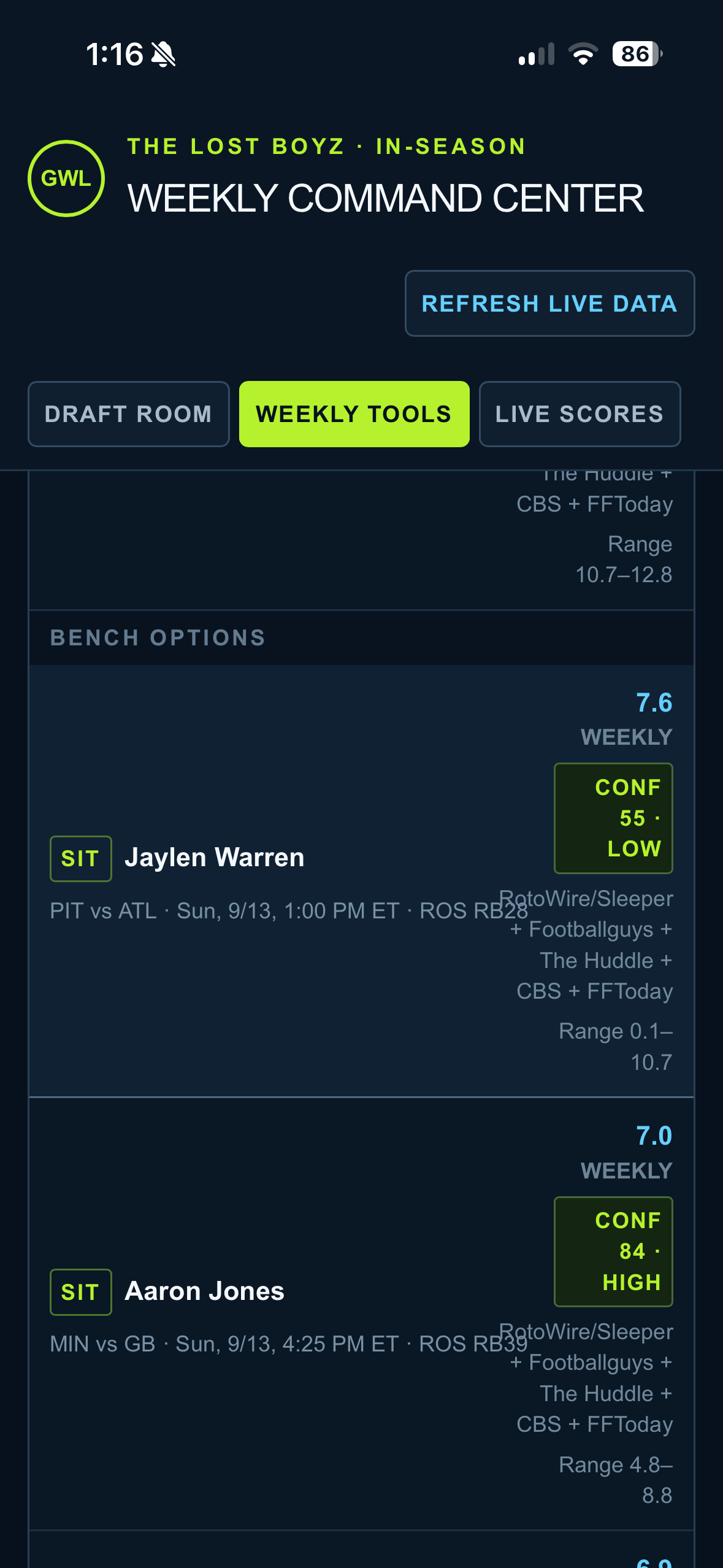 Mobile screenshot of the GWL Weekly Command Center showing weekly tools and player bench options